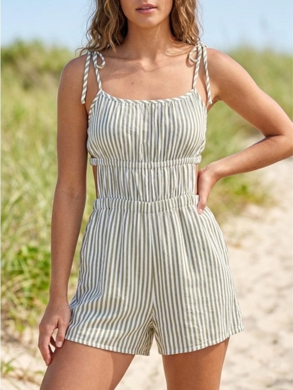 NWT Arizona Jean Co. Striped Cutout Romper - Small Dried Herb Green